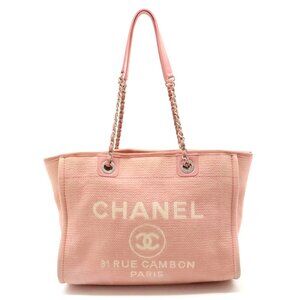 Authentic CHANEL CC Deauville Tote MM Pink White Canvas Chain Shoulder Bag